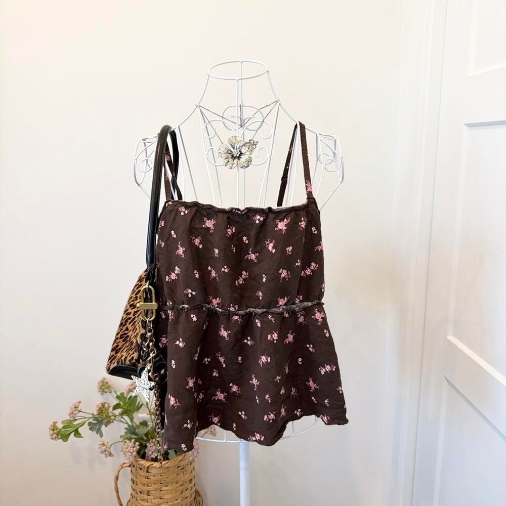 Gorgeous milkmaid babydoll brown & pink ruffle floral cami tank top